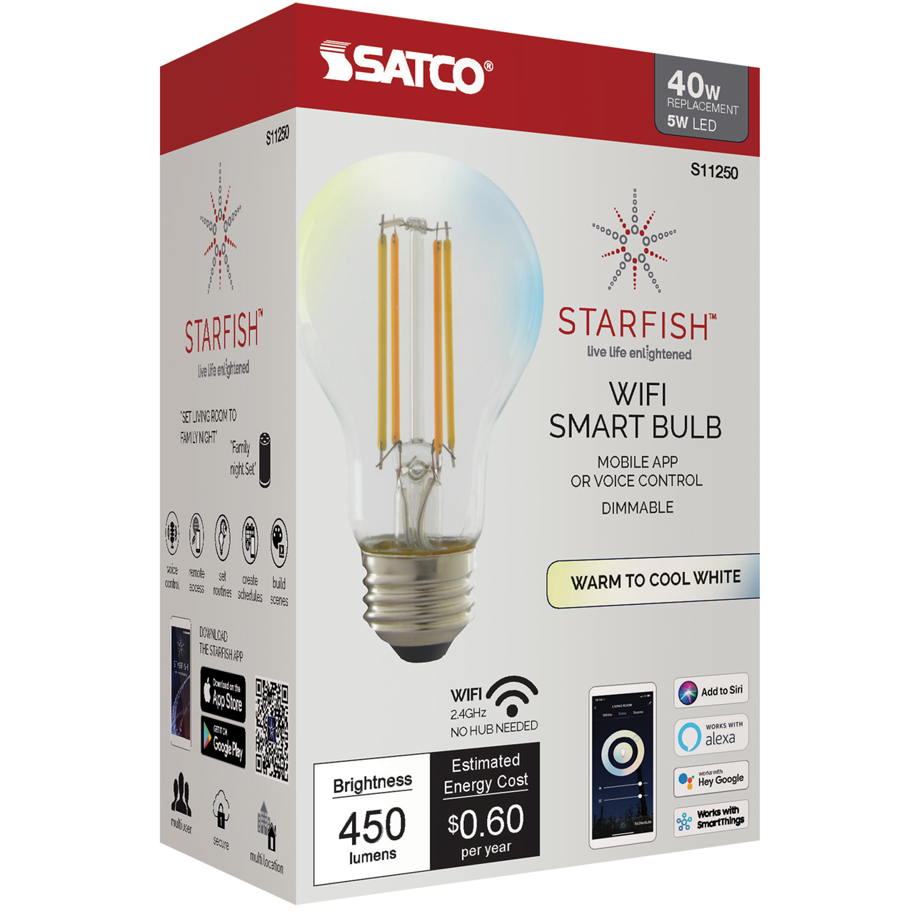 Wi-Fi 5W LED A19 Clear Tunable White Filament Bulb