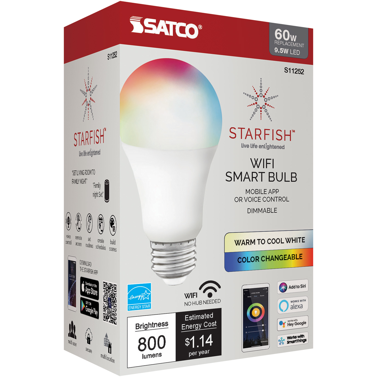 Wi-Fi 9.5W LED A19 RGB and Tunable White Smart Bulb