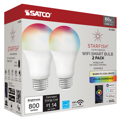 Wi-Fi 9.5W LED A19 RGB and Tunable White Smart Bulb 2 Per Box