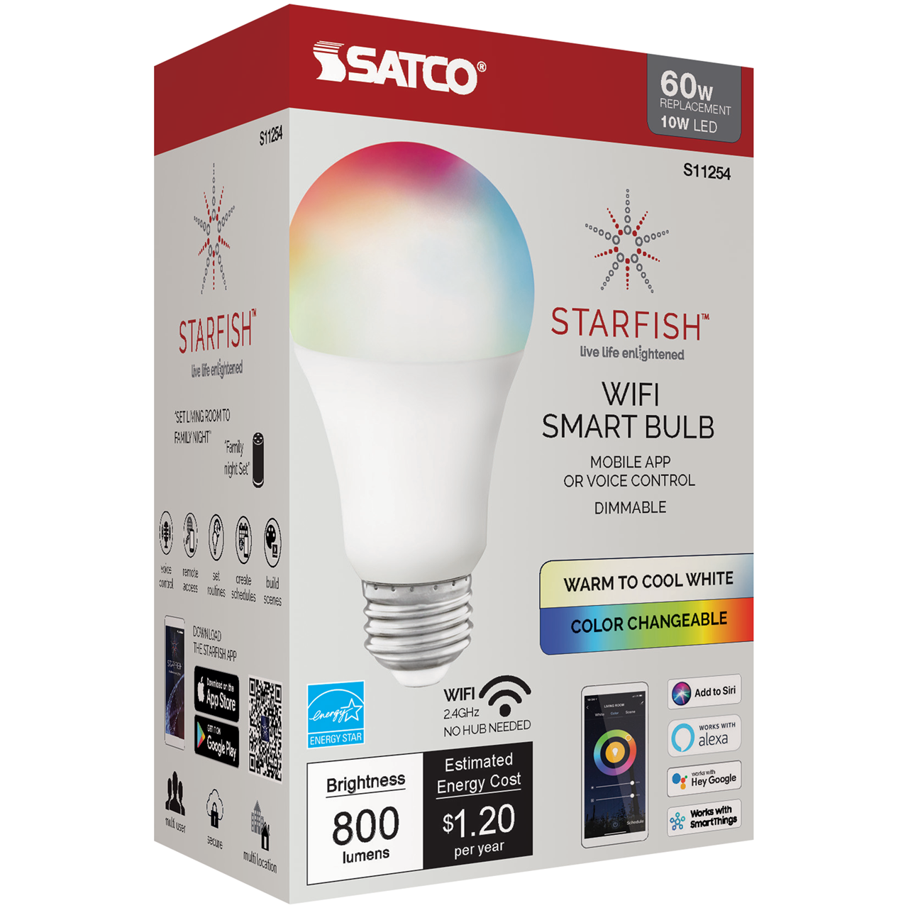 Wi-Fi 10W LED A19 RGB and Tunable White T20 Smart Bulb, T20